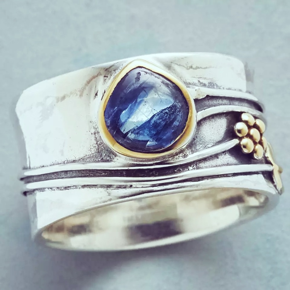 Boho Antique Silver Style Carved Glower Ring with Blue Stone, Size 9